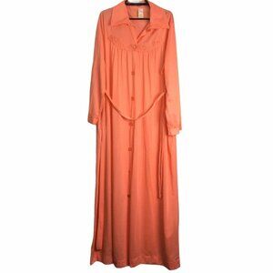 Vintage Texsheen Lingerie Robe Womens Large Long Sleeve Tie Belt Orange Collar